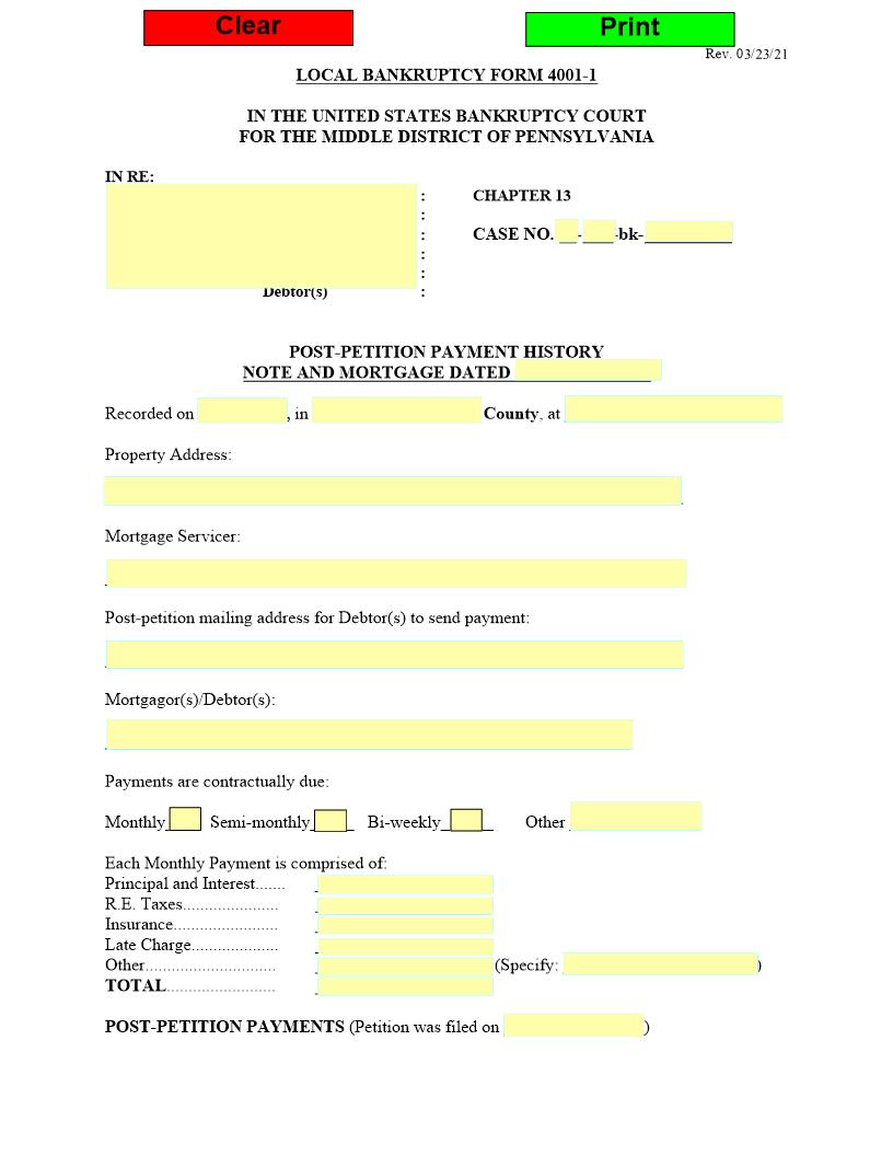 Post-Petition Payment History Note And Mortgage {4001-1} | Pdf Fpdf Doc Docx | Pennsylvania