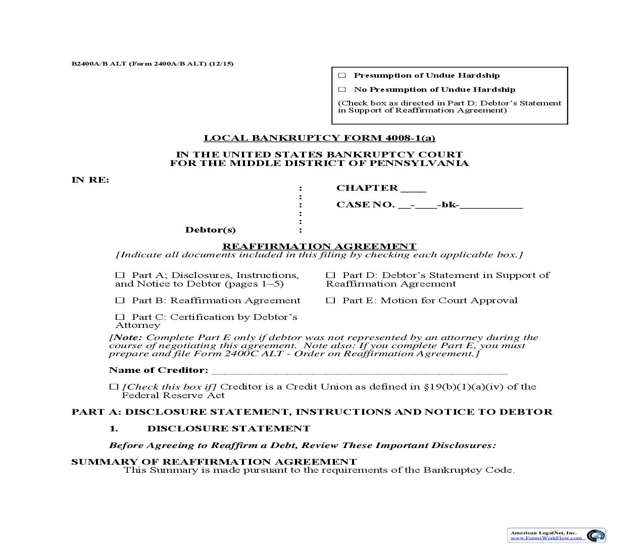 Reaffirmation Agreement And Order {4008-1(a)} | Pdf Fpdf Doc Docx | Pennsylvania