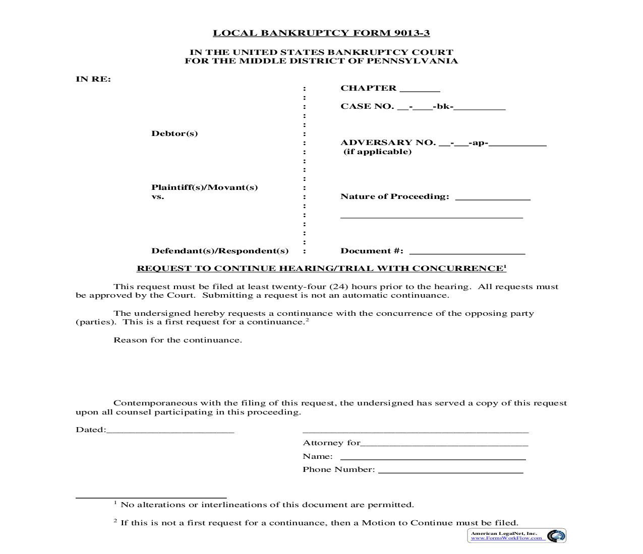 Request To Continue Hearing-Trial With Concurrence {9013-3} | Pdf Fpdf Doc Docx | Pennsylvania