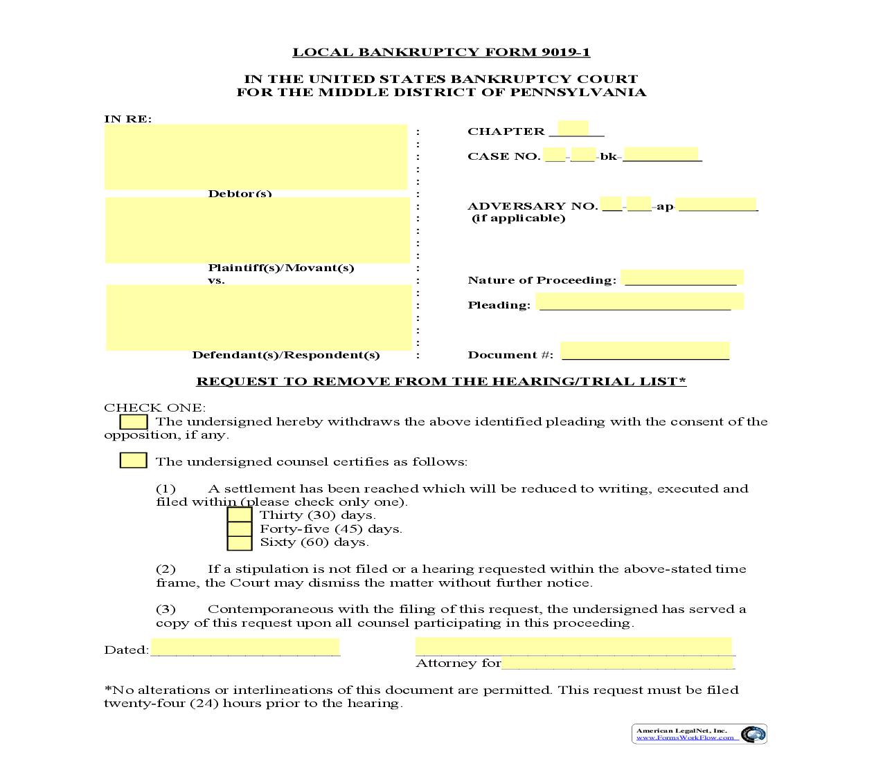 Request To Remove From The Hearing-Trial List {9019-1} | Pdf Fpdf Doc Docx | Pennsylvania