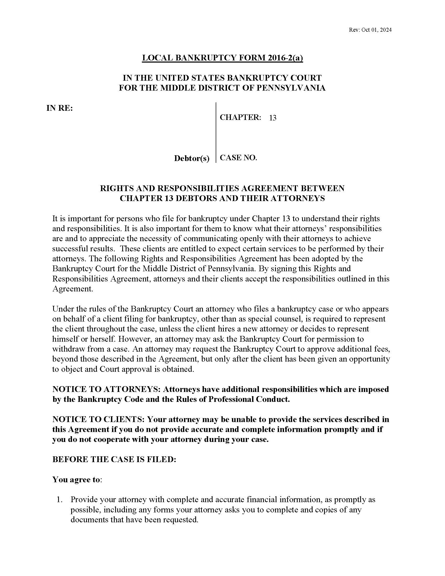 Rights And Responsibilities Agreement Between Chapter 13 Debtors And Their Attorneys {2016-2(a)} | Pdf Fpdf Doc Docx | Pennsylvania