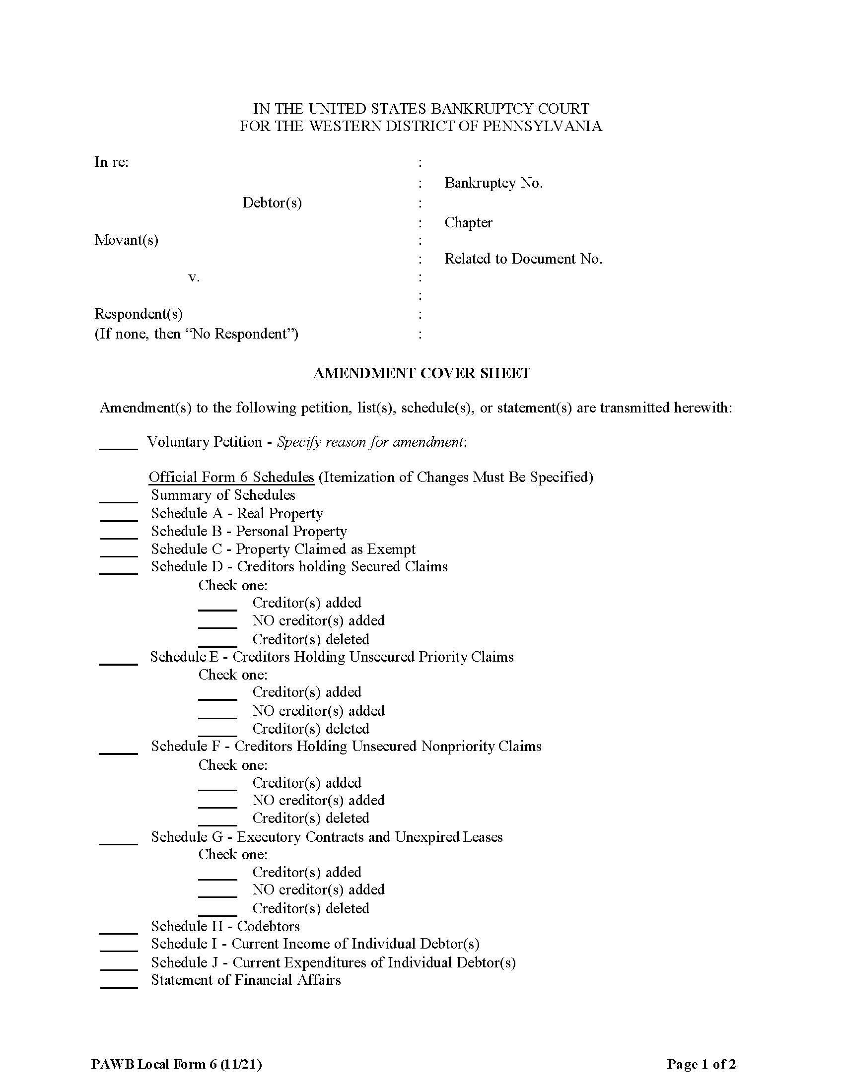 Amendment Cover Sheet {6} | Pdf Fpdf Doc Docx | Pennsylvania