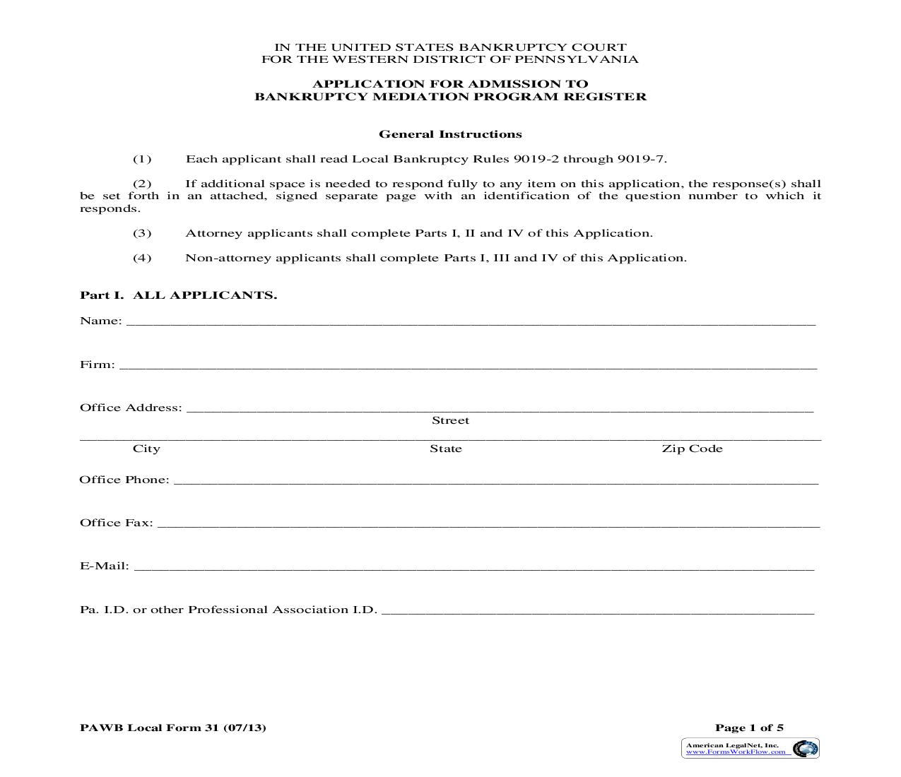 Application For Admission To Bankruptcy Mediation Program Register {31} | Pdf Fpdf Doc Docx | Pennsylvania