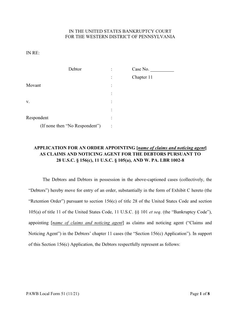 Application For An Order Appointing Claims And Noticing Agent {51} | Pdf Fpdf Docx | Pennsylvania