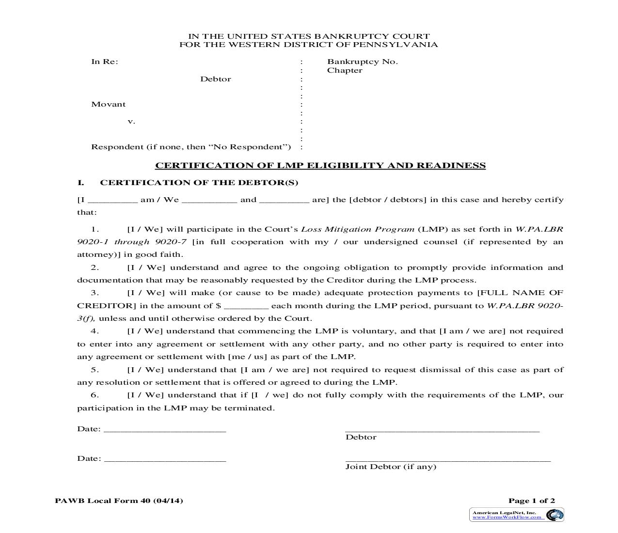 Certification Of LMP Eligibility And Readiness {40} | Pdf Fpdf Doc Docx | Pennsylvania