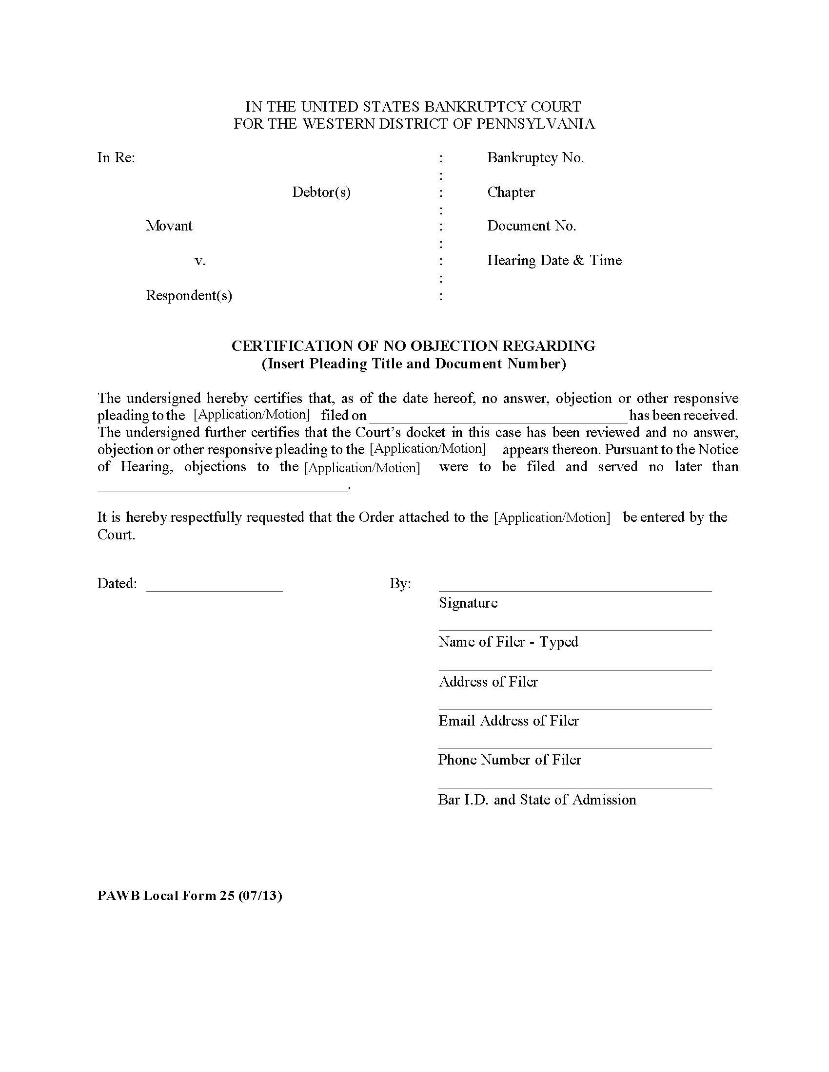 Certification Of No Objection {25} | Pdf Fpdf Doc Docx | Pennsylvania