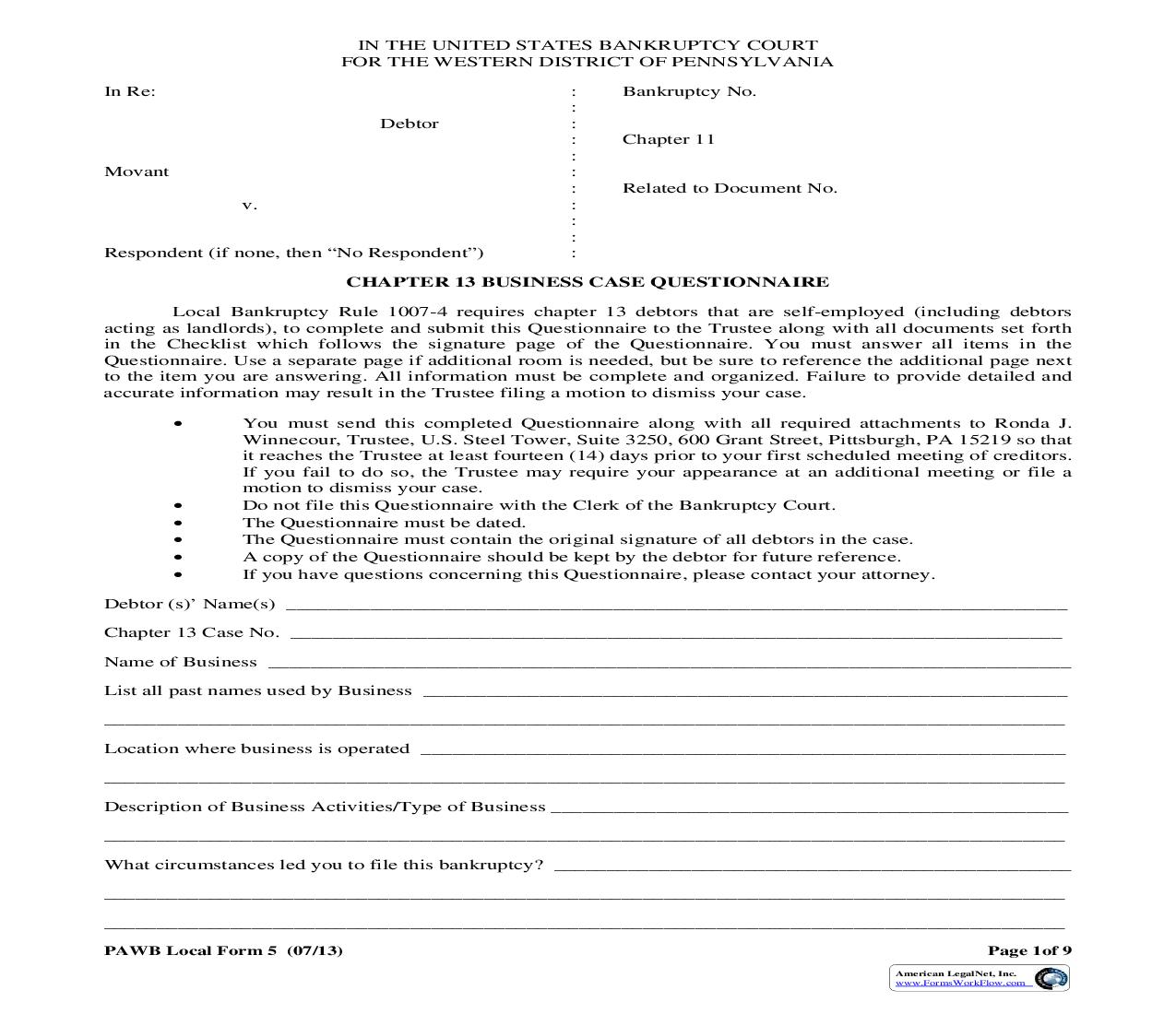 Chapter 13 Business Case Questionnaire {5} | Pdf Fpdf Doc Docx | Pennsylvania