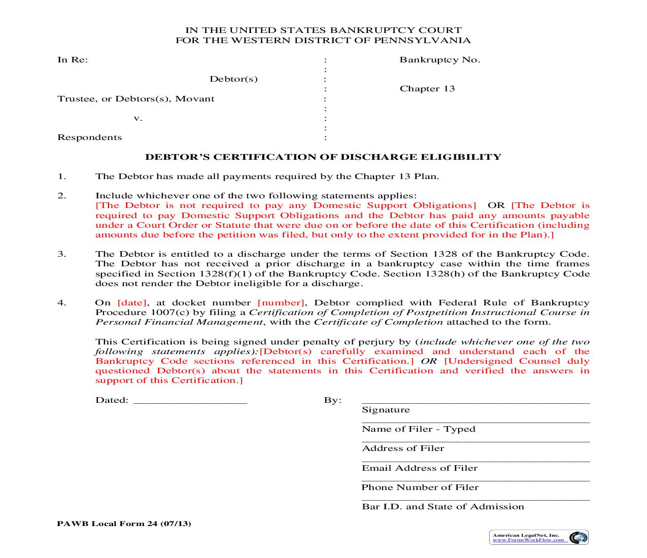 Debtors Certification Of Discharge Eligibility {24} | Pdf Fpdf Doc Docx | Pennsylvania