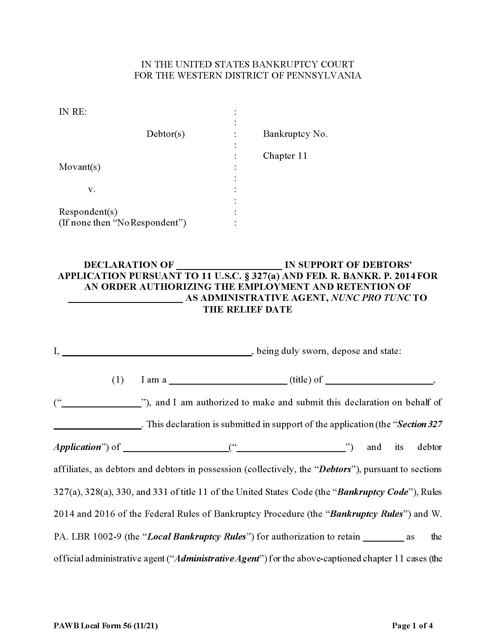 Declaration In Support Of Debtors Application For An Order Authorizing Employment Of Agent {56} | Pdf Fpdf Docx | Pennsylvania
