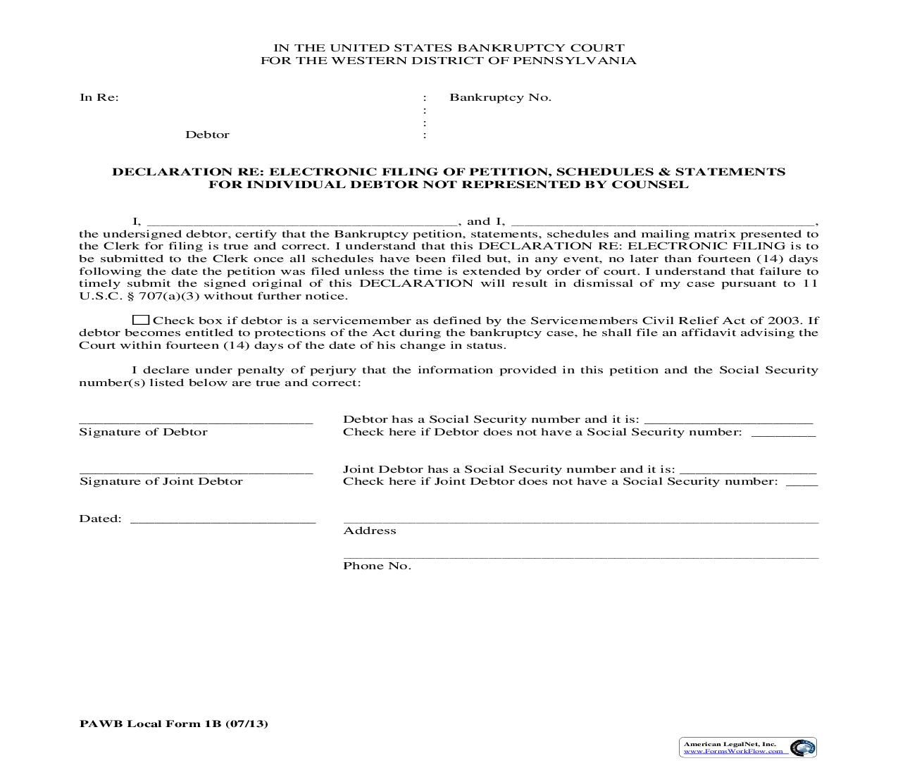 Declaration Re Electronic Filing Of Petition (Individual Debtor) {1B} | Pdf Fpdf Doc Docx | Pennsylvania