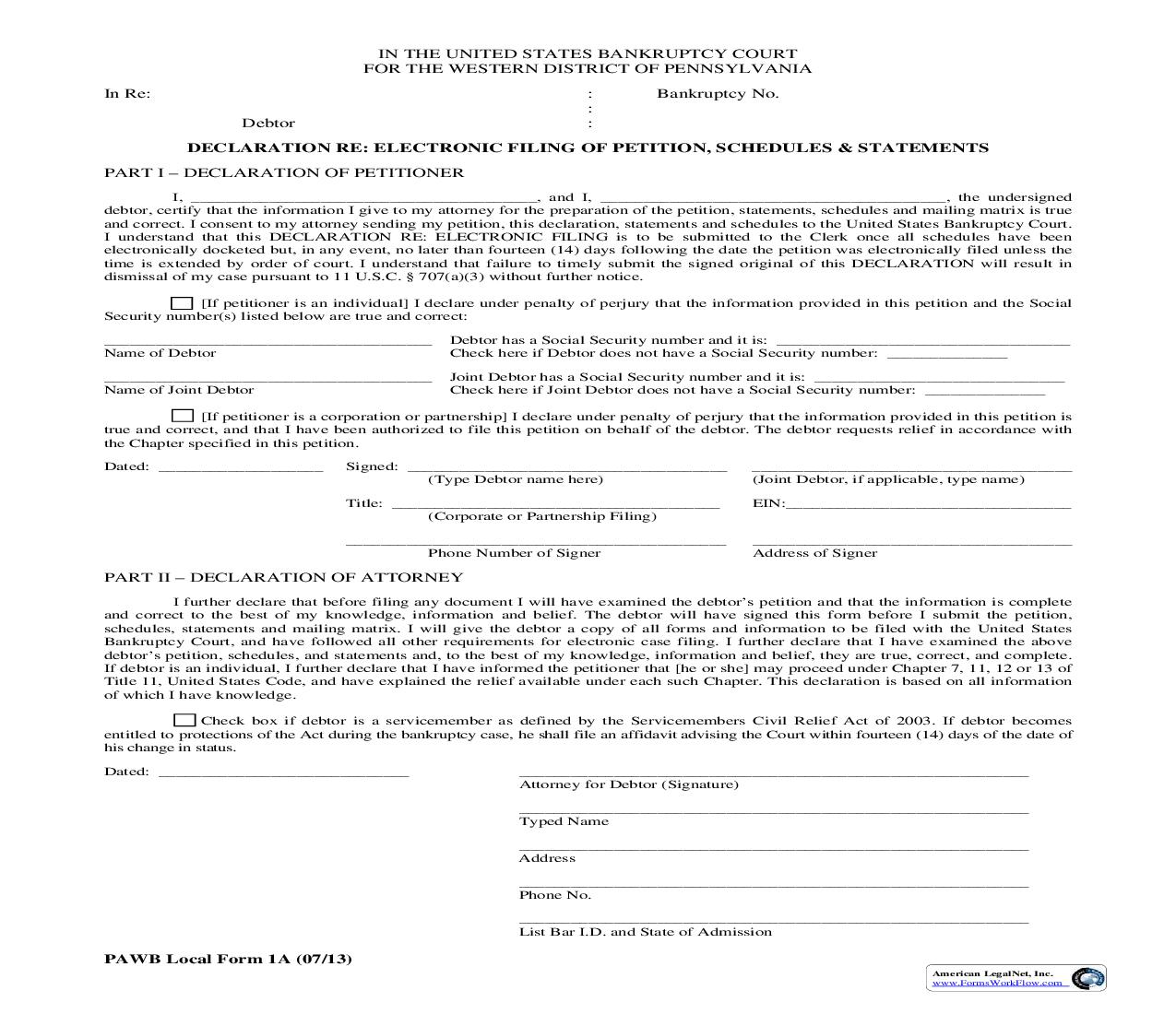 Declaration Re Electronic Filing Of Petition Schedules And Statements {1A} | Pdf Fpdf Doc Docx | Pennsylvania