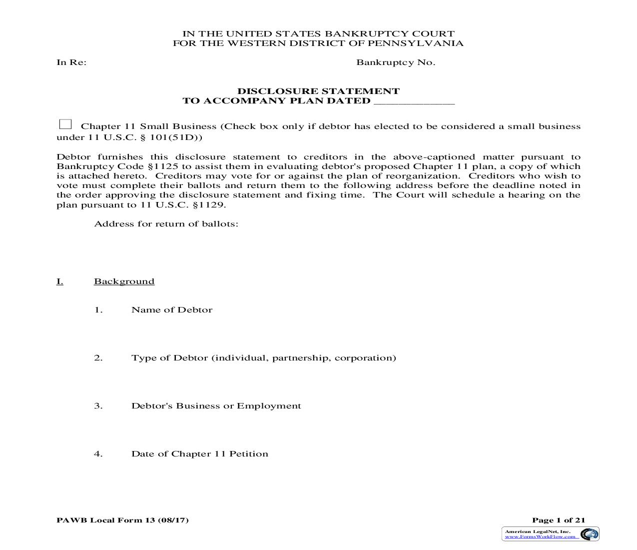 Disclosure Statement To Accompany Plan {13} | Pdf Fpdf Docx | Pennsylvania