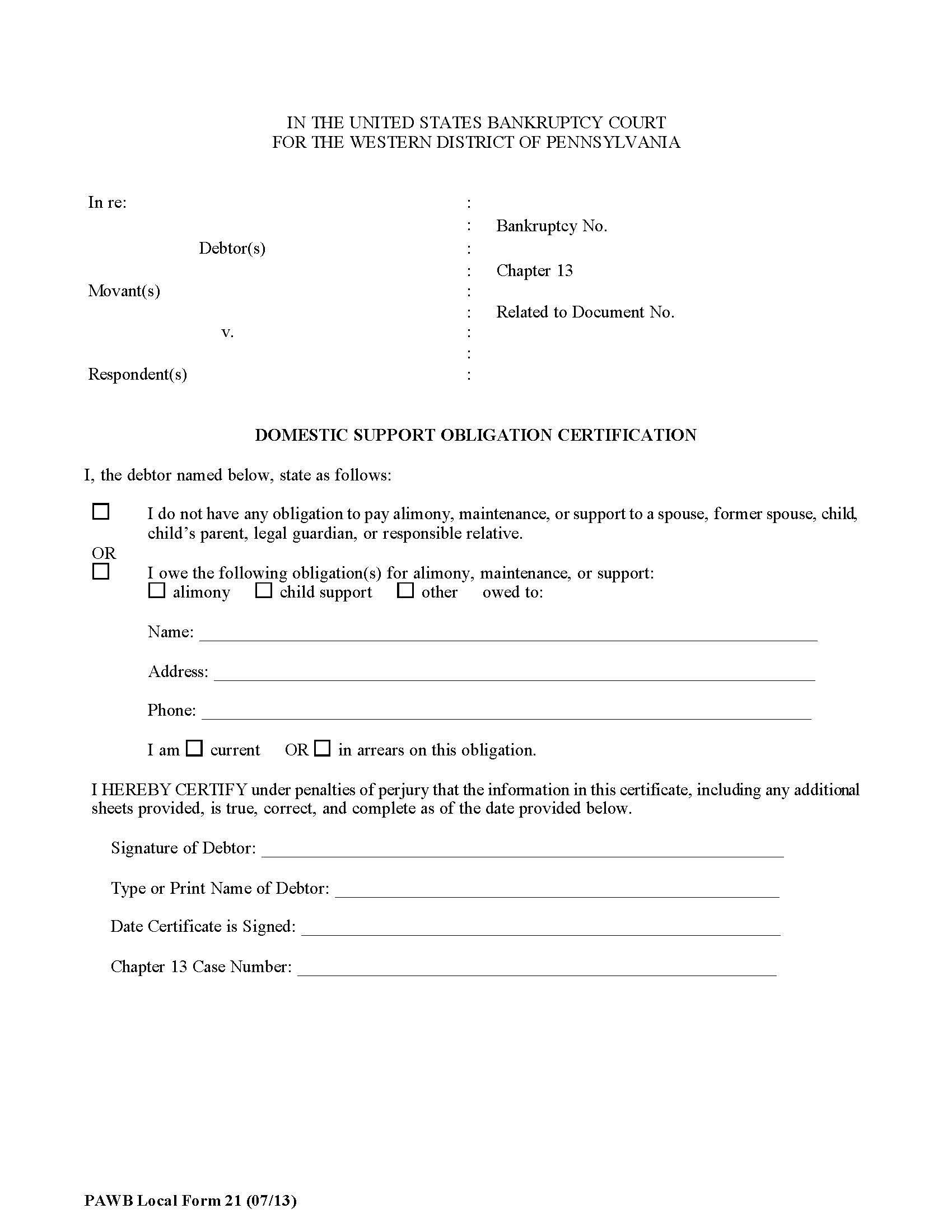 Domestic Support Obligation Certification {21} | Pdf Fpdf Doc Docx | Pennsylvania