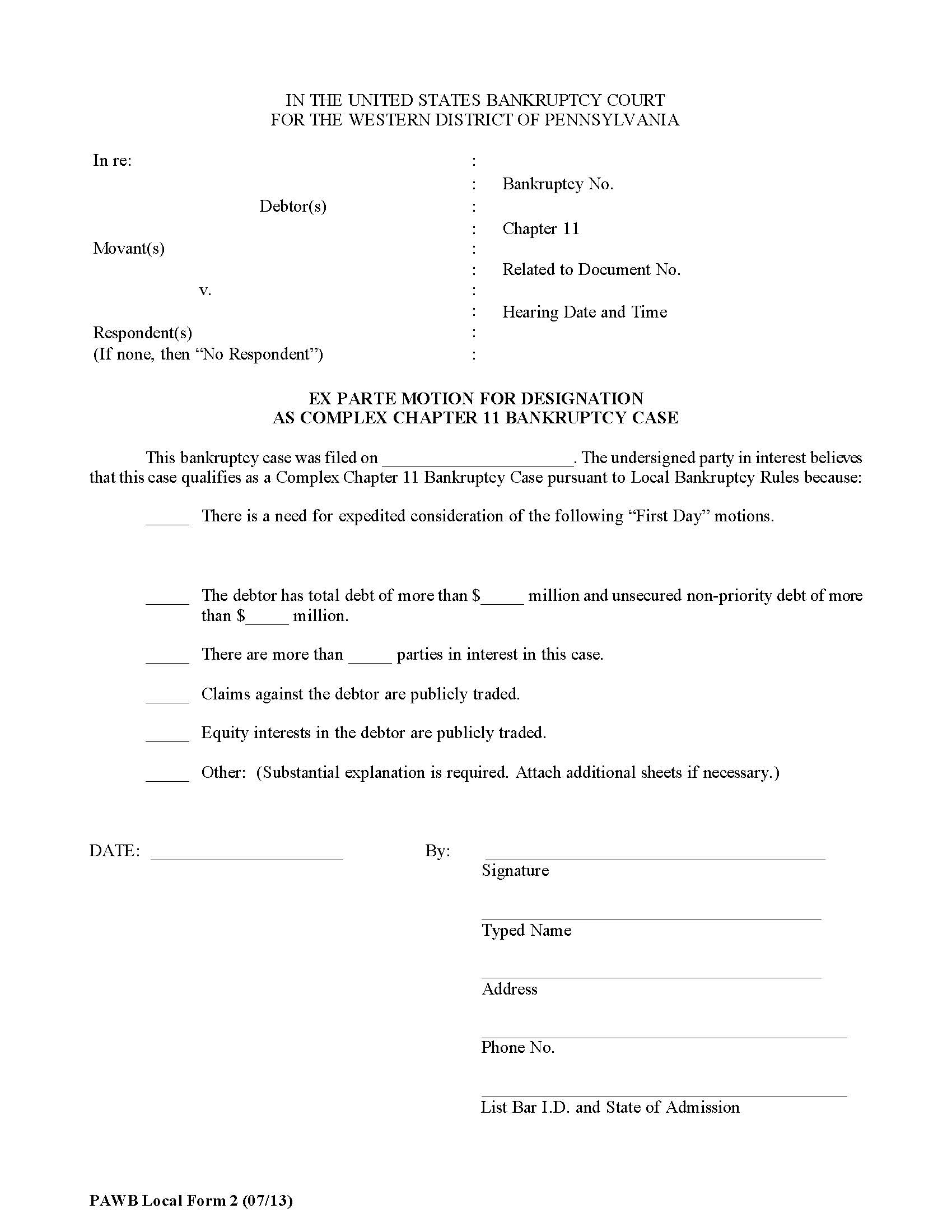 Ex Parte Motion For Designation As Complex Chapter 11 Bankruptcy Case {2} | Pdf Fpdf Doc Docx | Pennsylvania