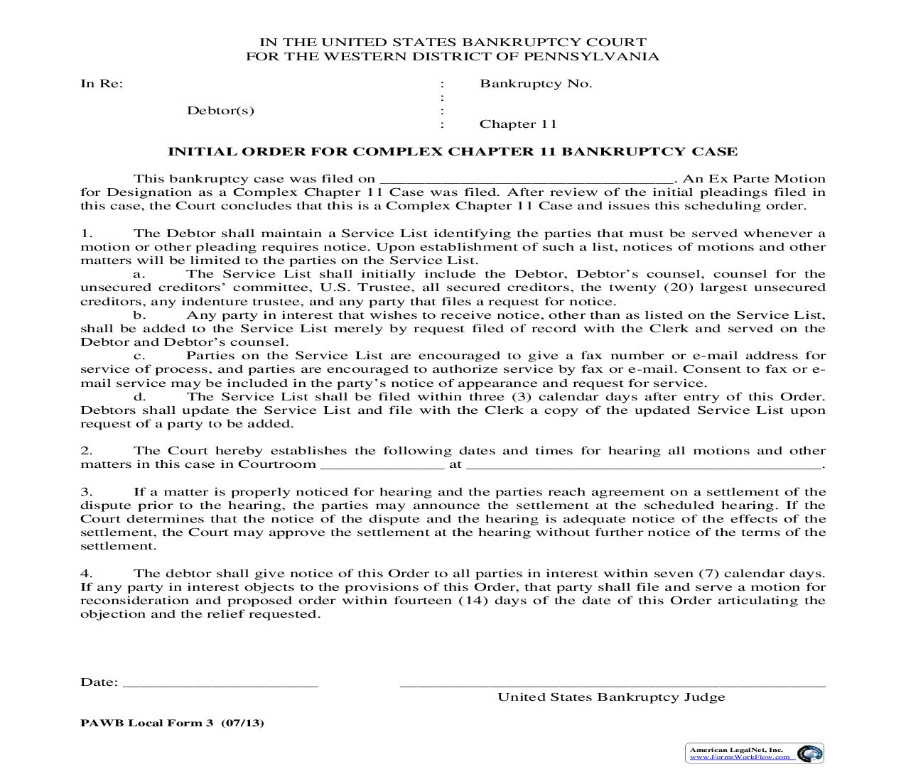 Initial Order For Complex Chapter 11 Bankruptcy Case {3} | Pdf Fpdf Doc Docx | Pennsylvania