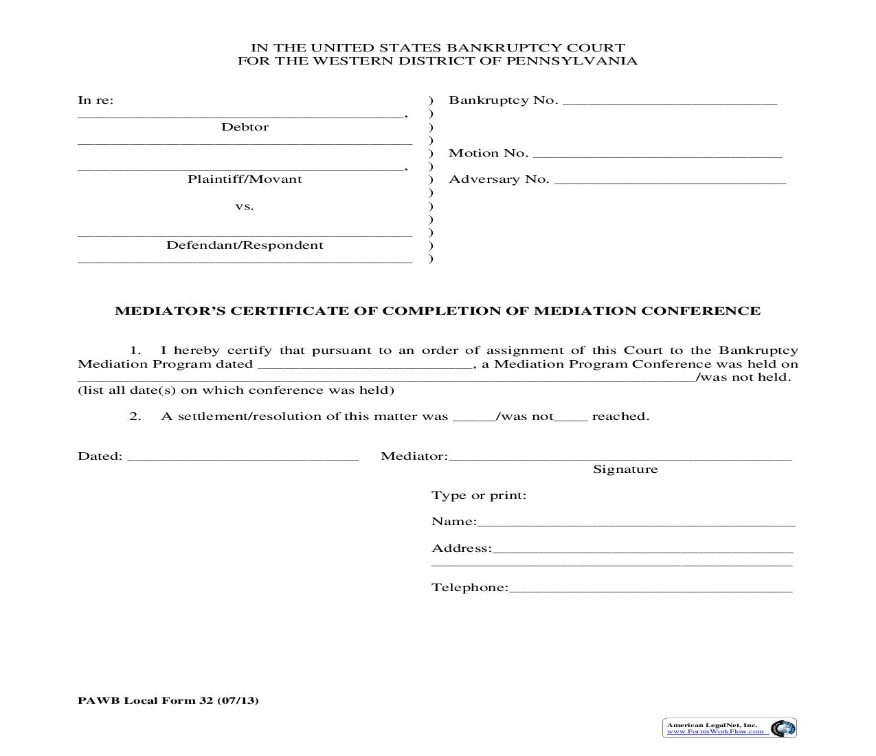 Mediators Certificate Of Completion Of Mediation Conference {32} | Pdf Fpdf Doc Docx | Pennsylvania