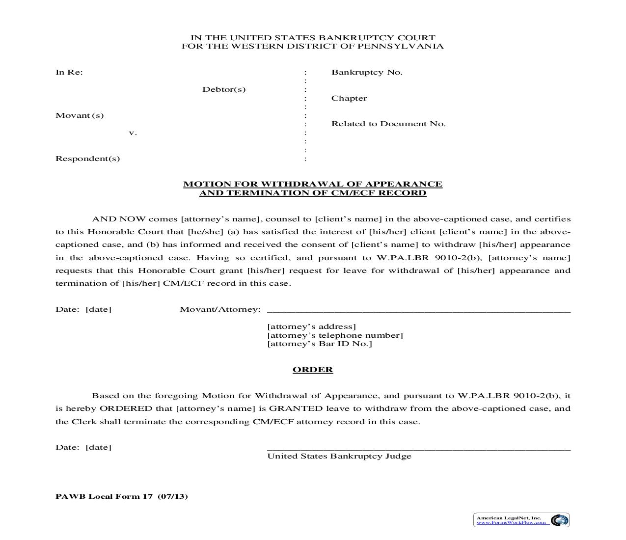 Motion For Withdrawal Of Appearance And Termination Of ECF Record {17} | Pdf Fpdf Doc Docx | Pennsylvania