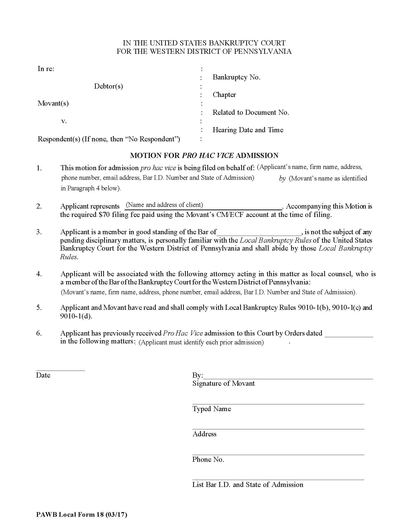 Motion for Pro Hac Vice Admission {18} | Pdf Fpdf Doc Docx | Pennsylvania