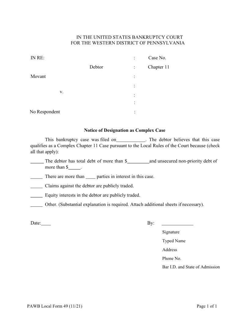 Notice Of Designation As Complex Case {49} | Pdf Fpdf Docx | Pennsylvania