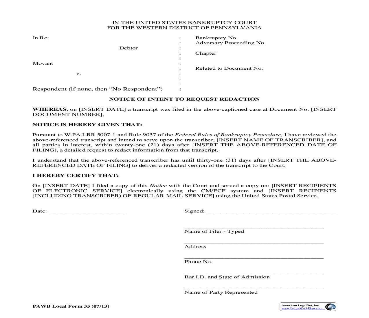 Notice Of Intent To Request Redaction {35} | Pdf Fpdf Doc Docx | Pennsylvania