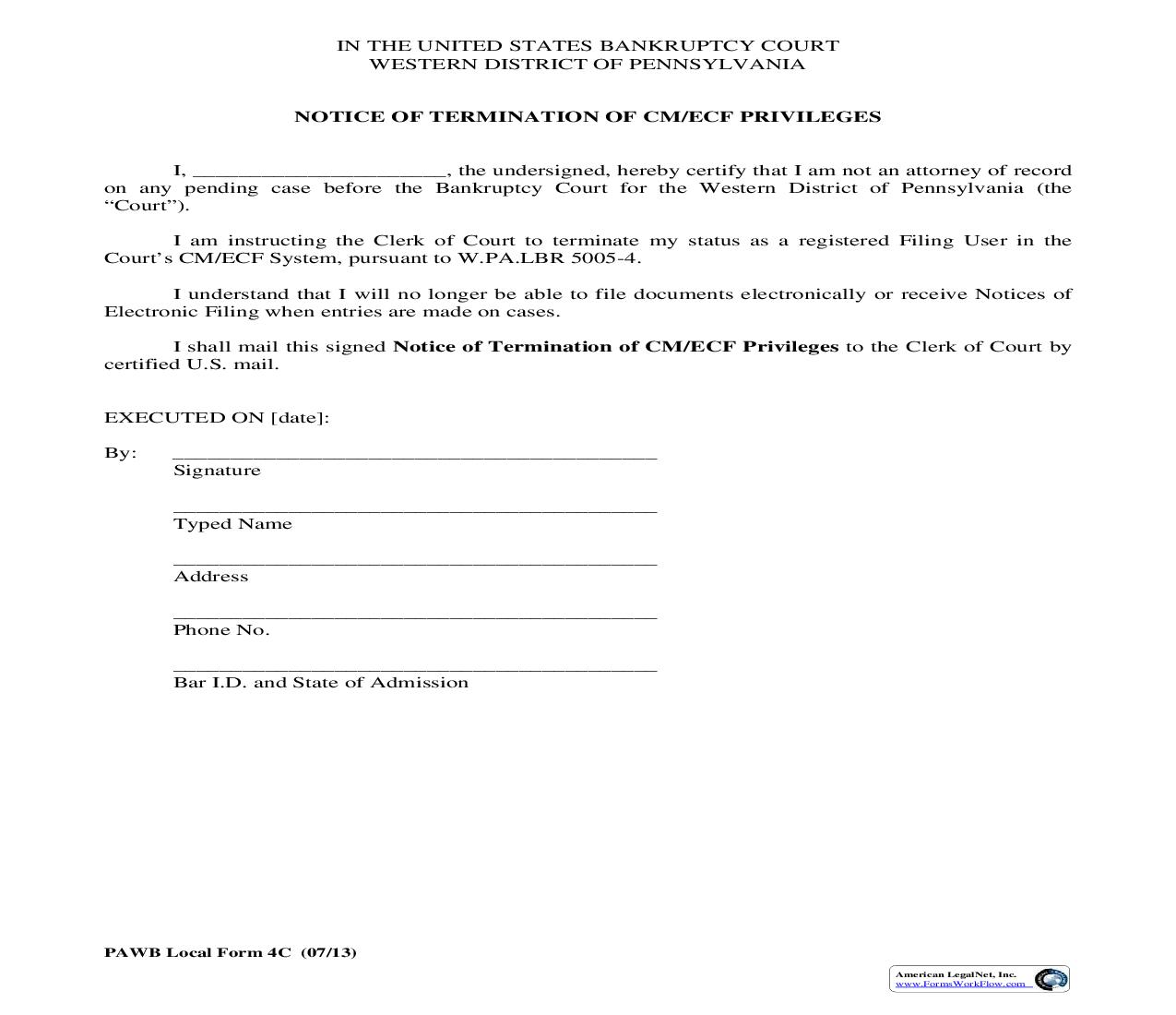 Notice Of Termination Of CM ECF Privileges {4C} | Pdf Fpdf Doc Docx | Pennsylvania
