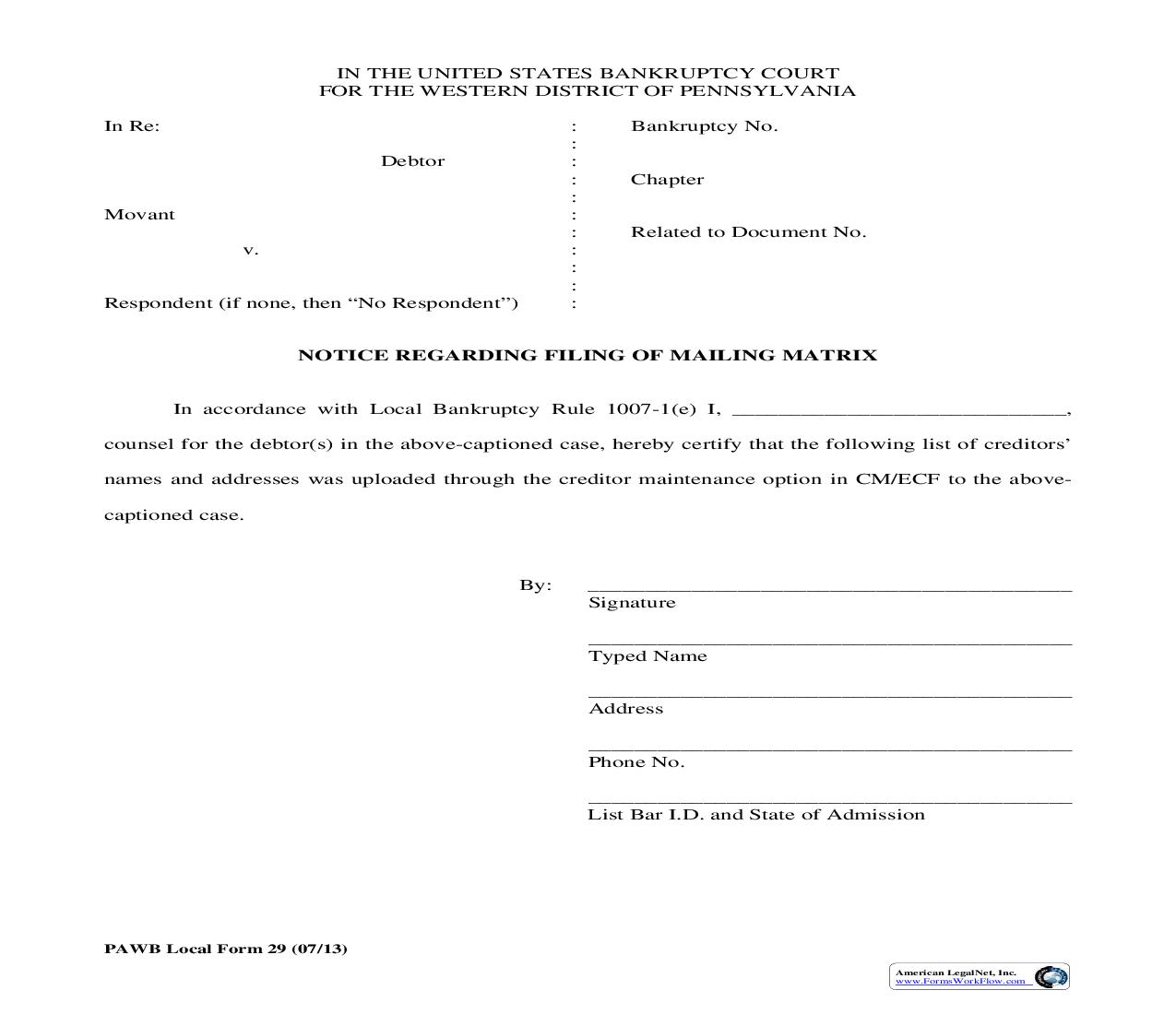 Notice Regarding Filing Of Mailing Matrix {29} | Pdf Fpdf Doc Docx | Pennsylvania