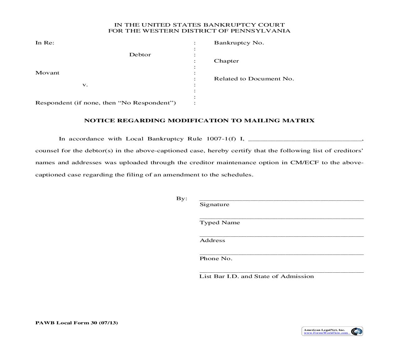 Notice Regarding Modification To Mailing Matrix {30} | Pdf Fpdf Doc Docx | Pennsylvania