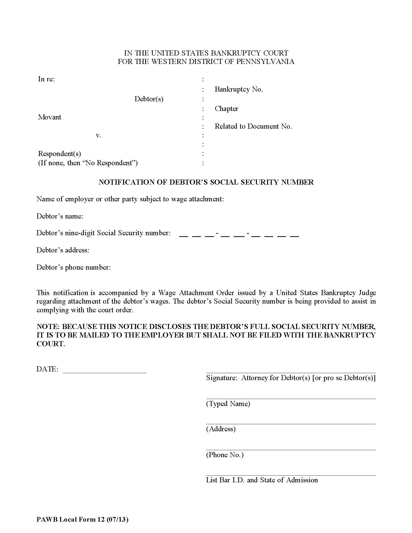 Notification Of Debtors Social Security Number {12} | Pdf Fpdf Doc Docx | Pennsylvania