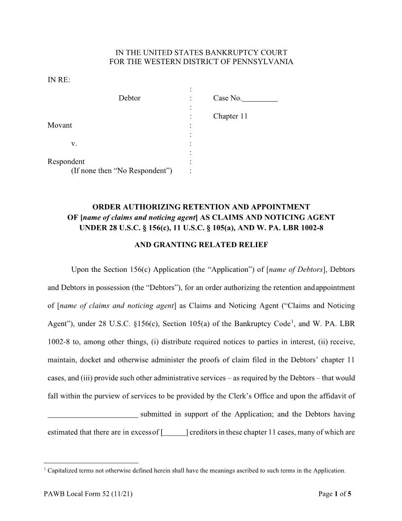 Order Authorizing Retention And Appointment Of Claims And Noticing Agent {52} | Pdf Fpdf Docx | Pennsylvania