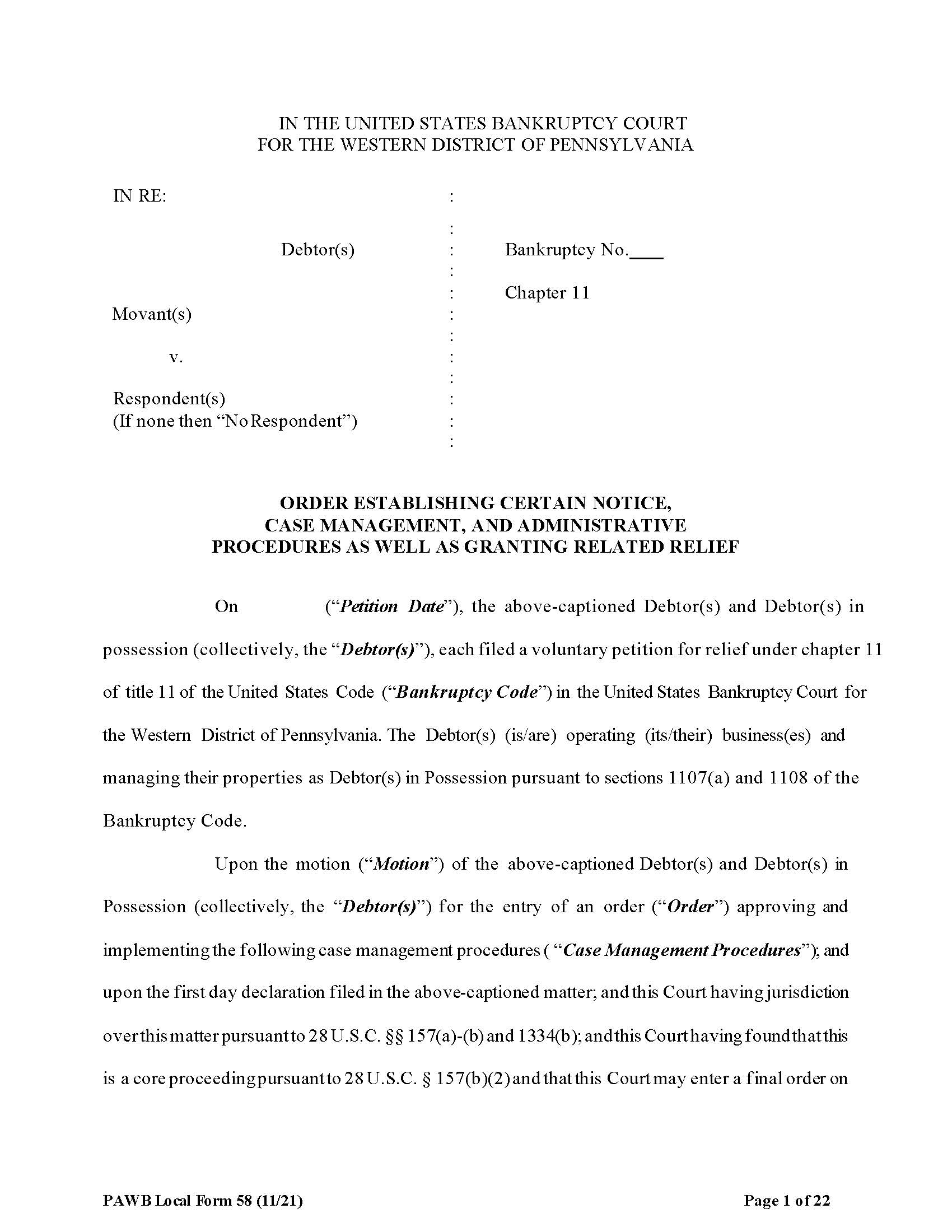 Order Establishing Certain Notice Case Management Administrative Procedures And Granting Related Relief {58}} | Pdf Fpdf Docx | Pennsylvania
