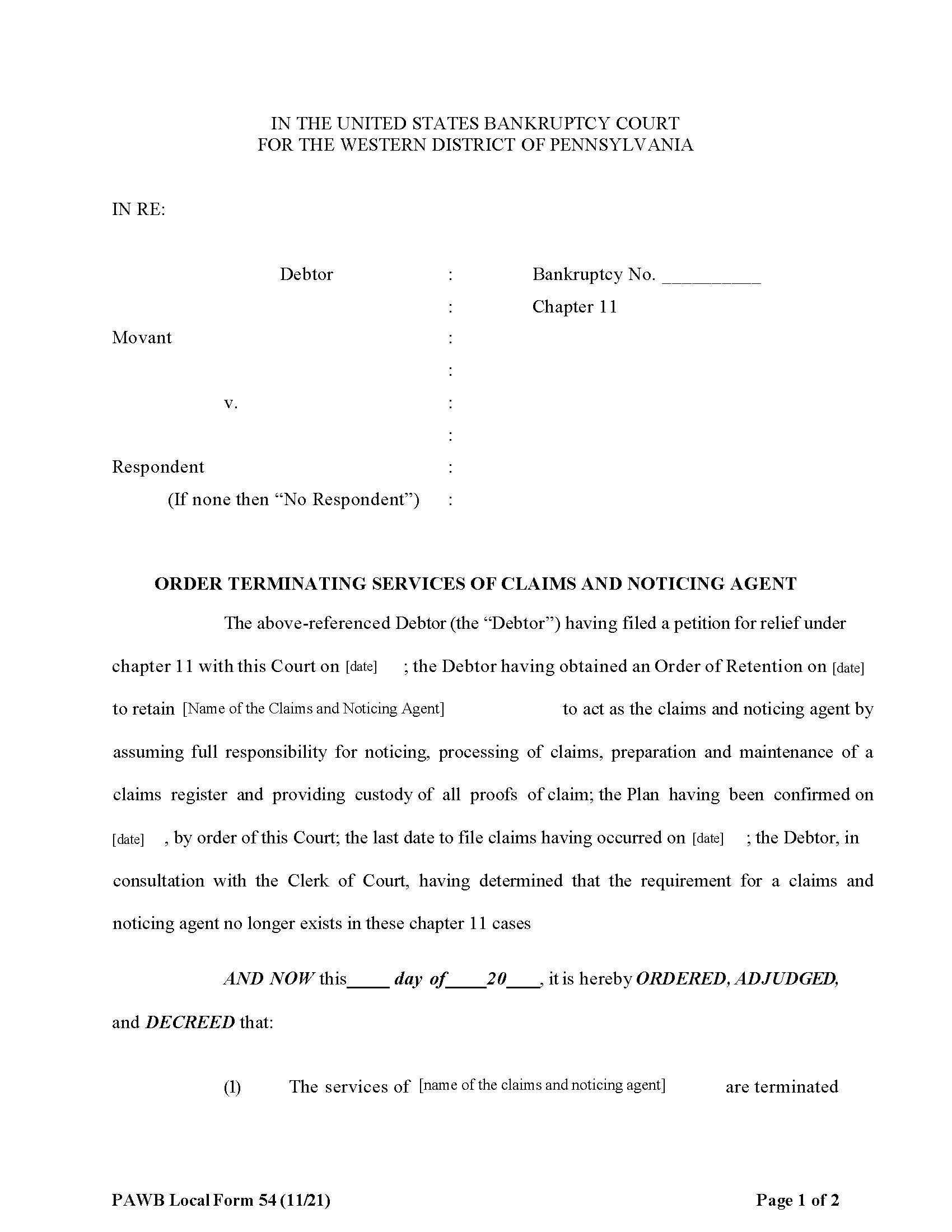 Order Terminating Services Of Claims And Noticing Agent {54} | Pdf Fpdf Docx | Pennsylvania