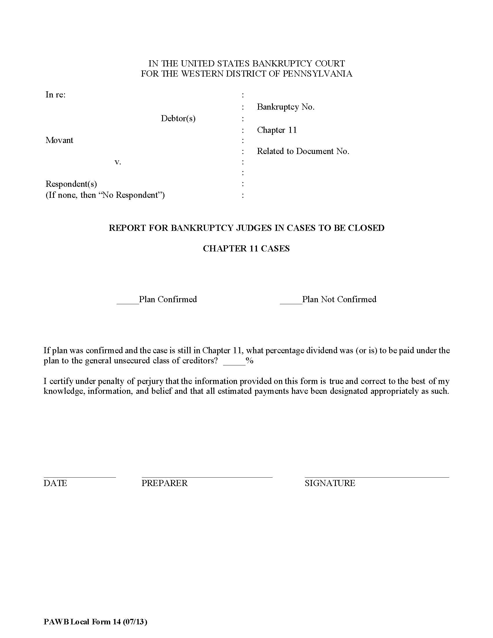 Report For Bankruptcy Judges In Cases To Be Closed - Chapter 11 Cases {14} | Pdf Fpdf Doc Docx | Pennsylvania