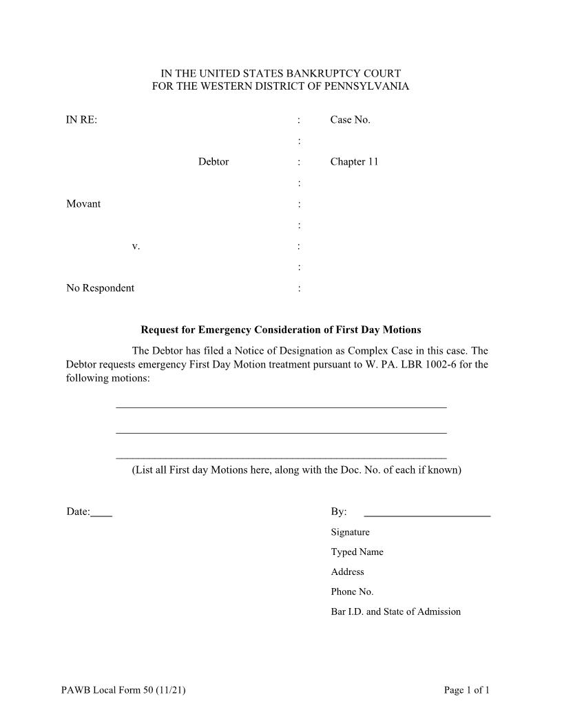 Request For Emergency Consideration Of First Day Motion {50} | Pdf Fpdf Docx | Pennsylvania