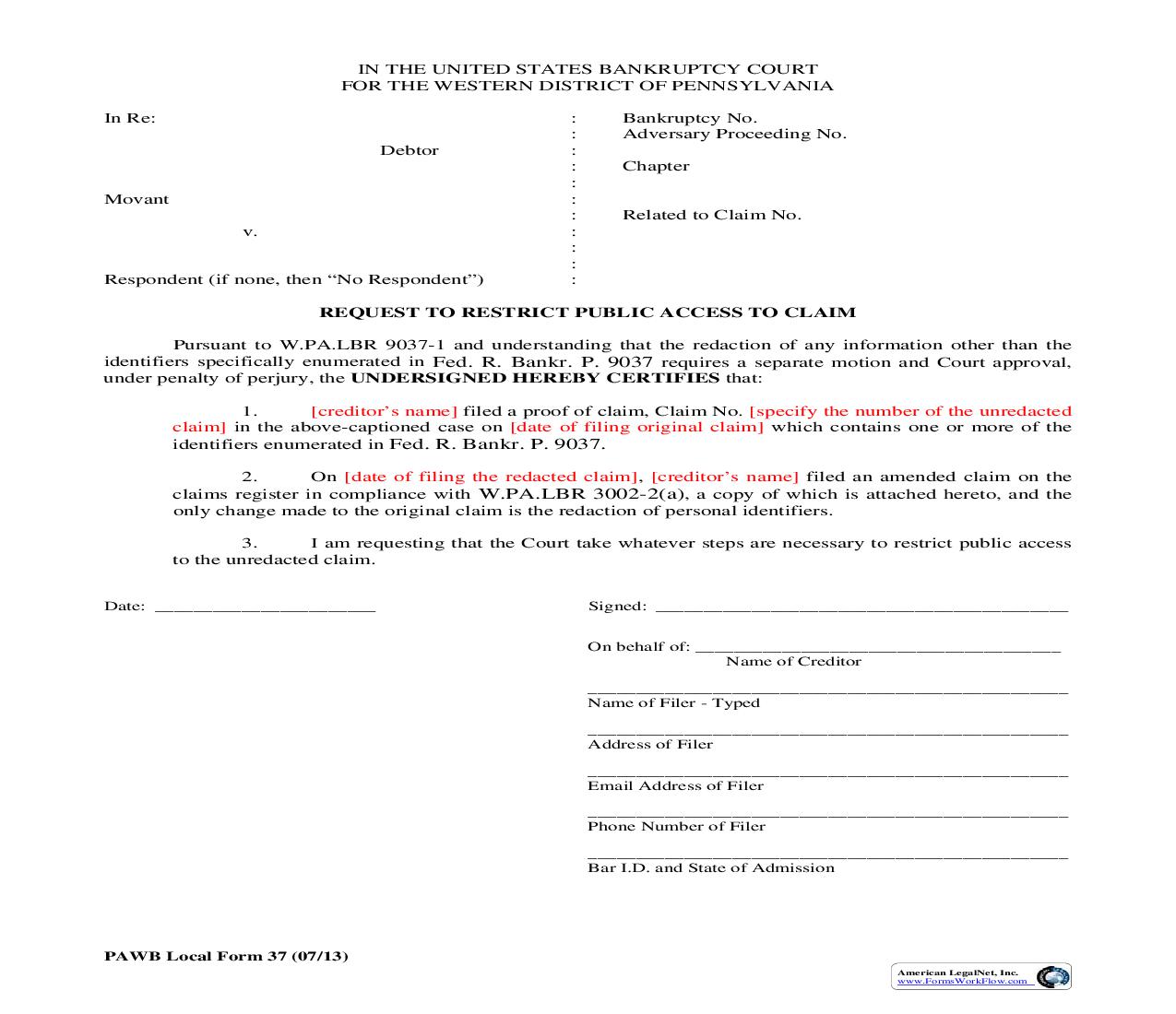 Request To Restrict Public Access To Claim {37} | Pdf Fpdf Doc Docx | Pennsylvania