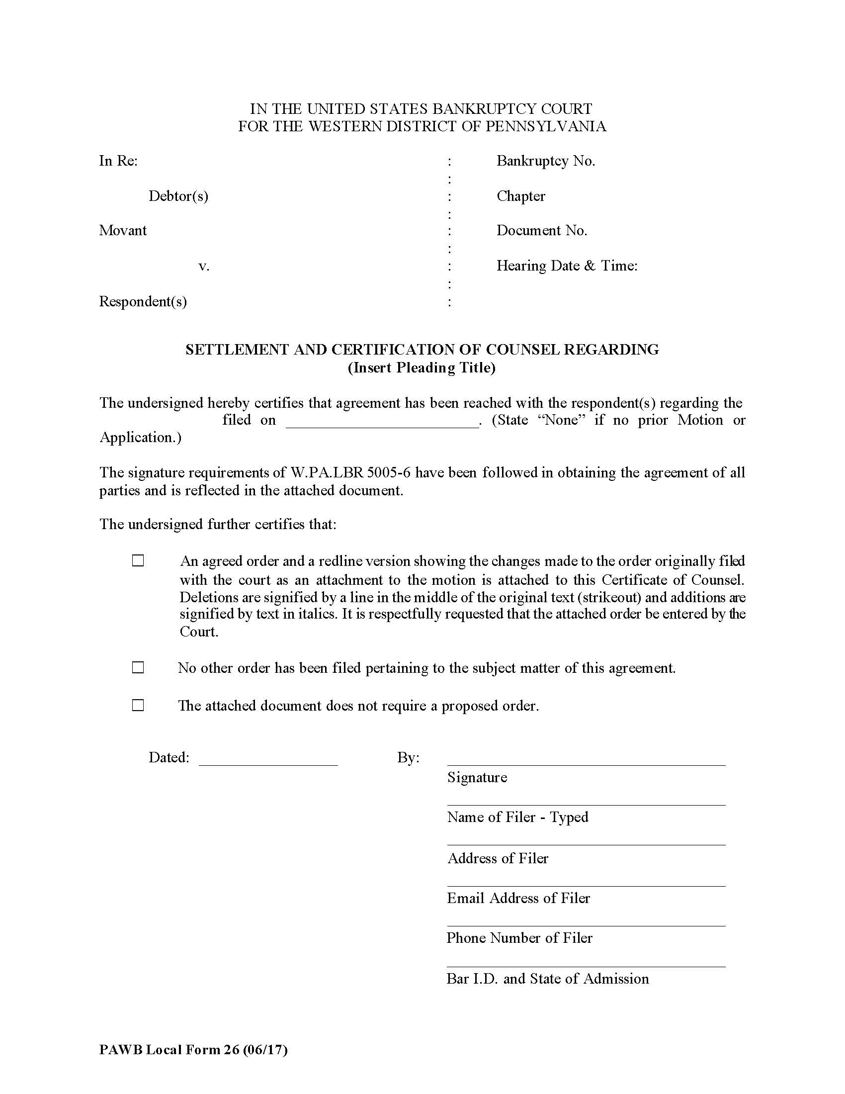 Settlement And Certification Of Counsel {26} | Pdf Fpdf Doc Docx | Pennsylvania