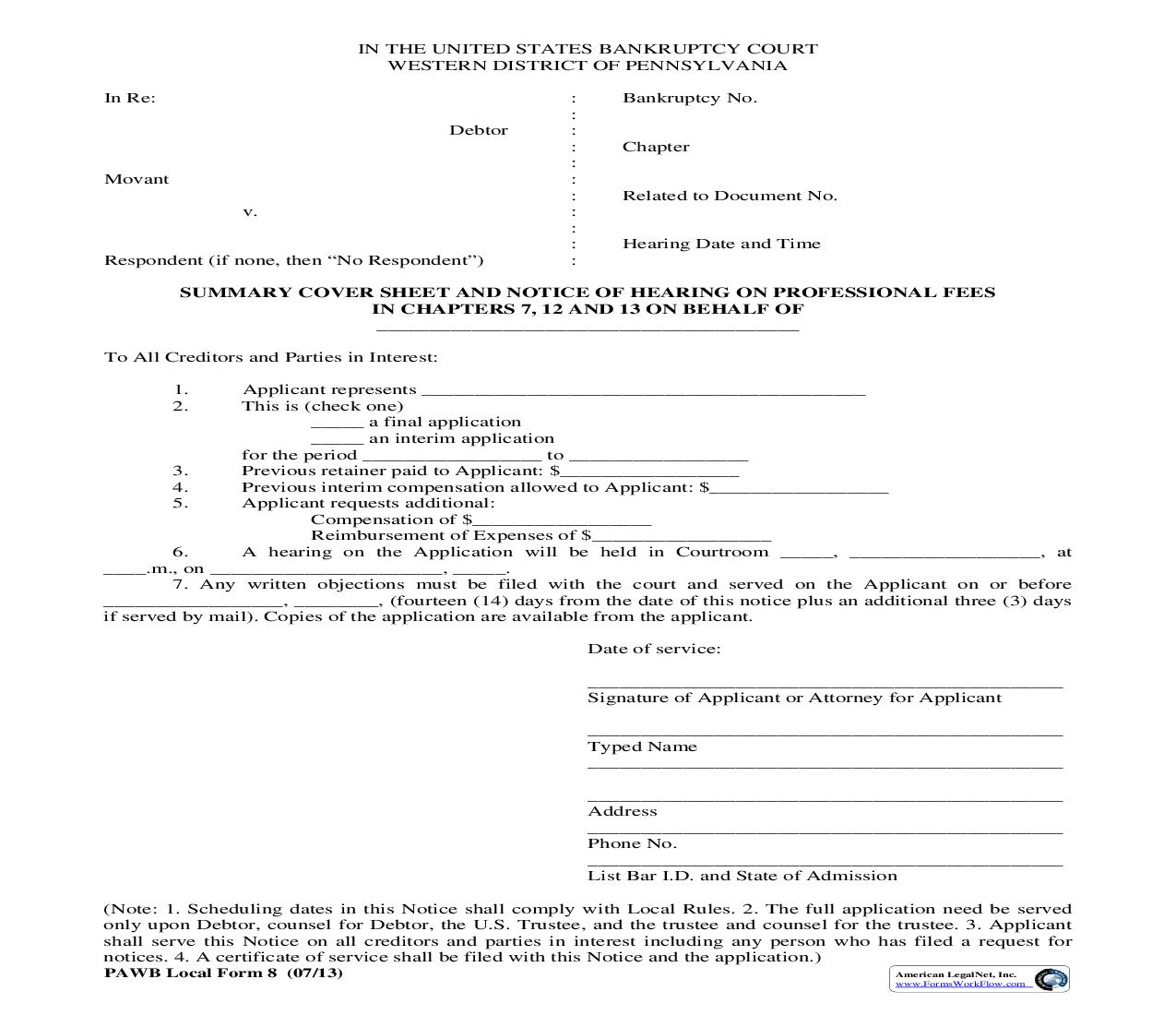Summary Cover Sheet And Notice Of Hearing On Professional Fees {8} | Pdf Fpdf Doc Docx | Pennsylvania