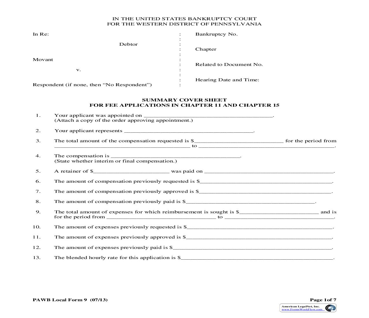 Summary Cover Sheet For Fee Application {9} | Pdf Fpdf Doc Docx | Pennsylvania