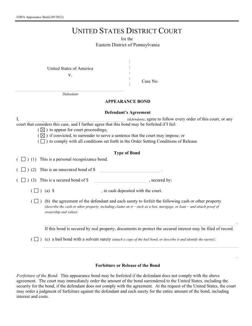 Appearance Bond | Pdf Fpdf Docx | Pennsylvania