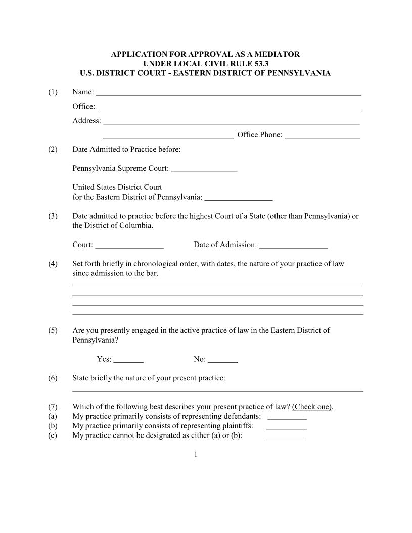 Application For Approval As Mediator | Pdf Fpdf Doc Docx | Pennsylvania