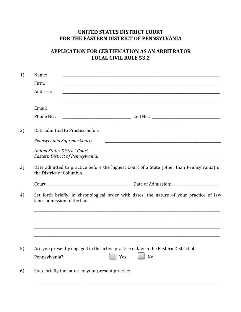 Application For Certification As An Arbitrator | Pdf Fpdf Doc Docx | Pennsylvania