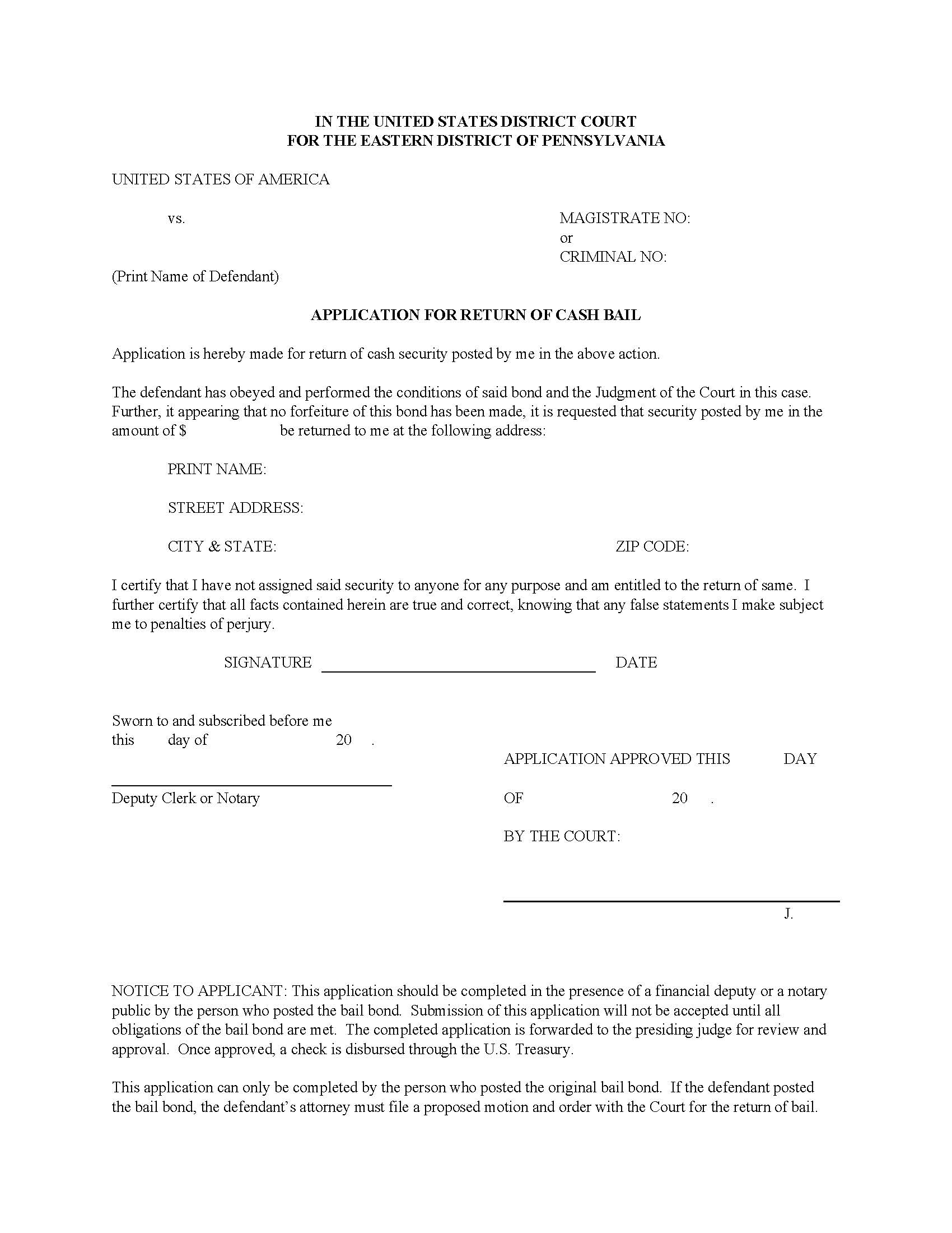 Application For Return Of Cash Bail | Pdf Fpdf Docx | Pennsylvania
