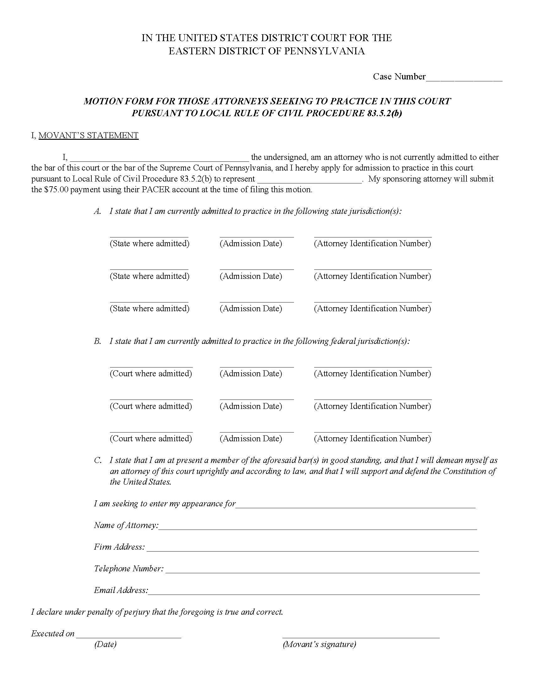 Attorney Admissions Application Packet (Pro Hac Vice) | Pdf Fpdf Doc Docx | Pennsylvania