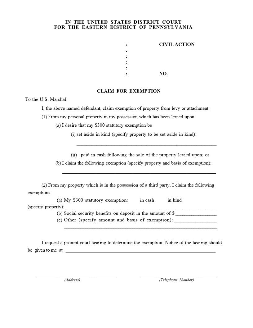 Claim For Exemption {CIV 640} | Pdf Fpdf Doc Docx | Pennsylvania