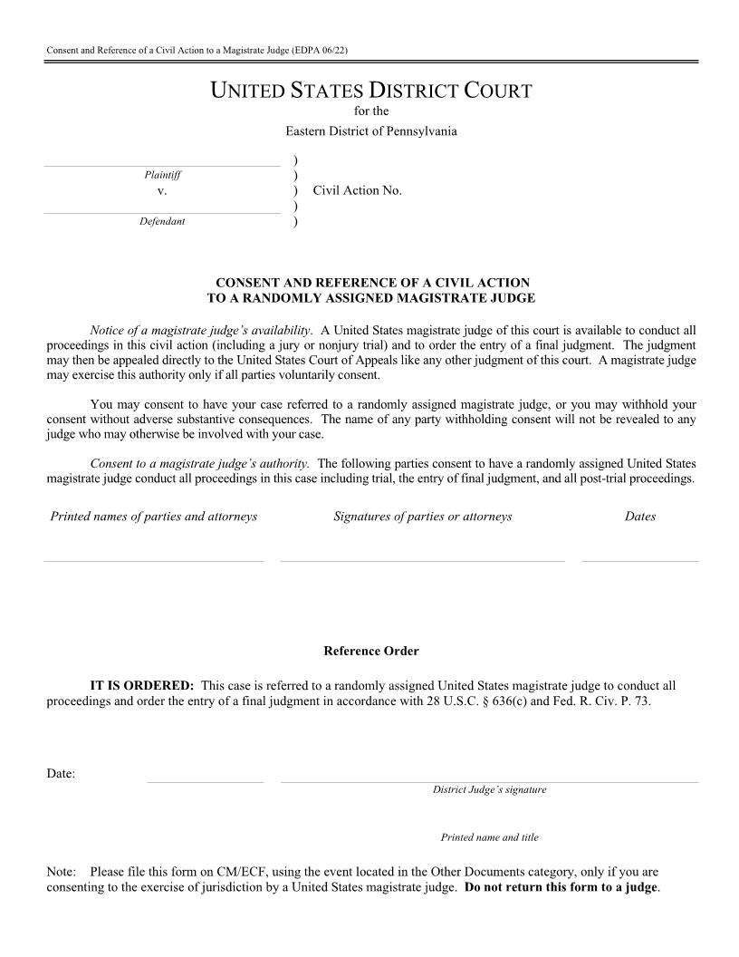 Consent And Reference Of A Civil Action To A Magistrate Judge | Pdf Fpdf Docx | Pennsylvania