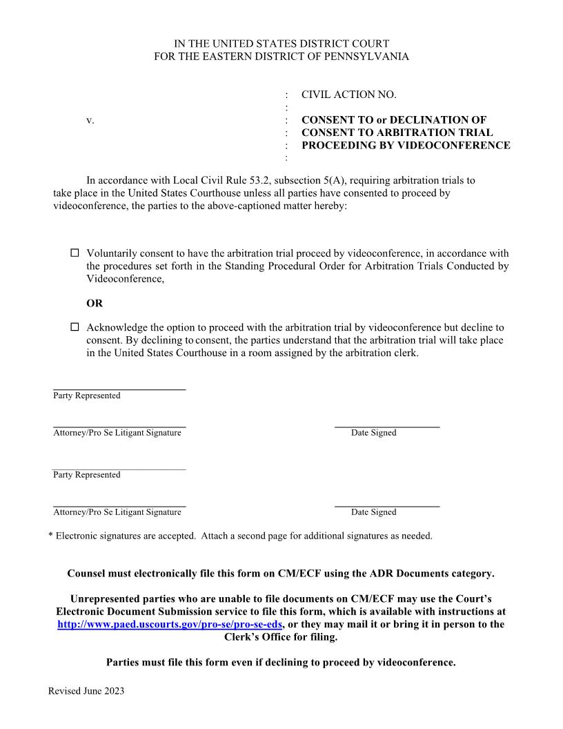 Consent To Or Declination Of Consent To Arbitration Trial By Videoconference | Pdf Fpdf Docx | Pennsylvania