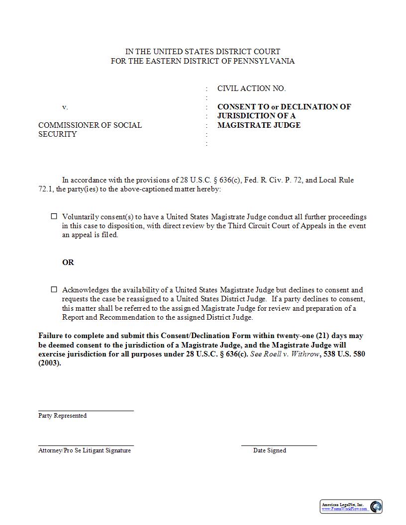 Consent To Or Declination Of Jurisdiction Of A Magistrate Judge | Pdf Fpdf Docx | Pennsylvania