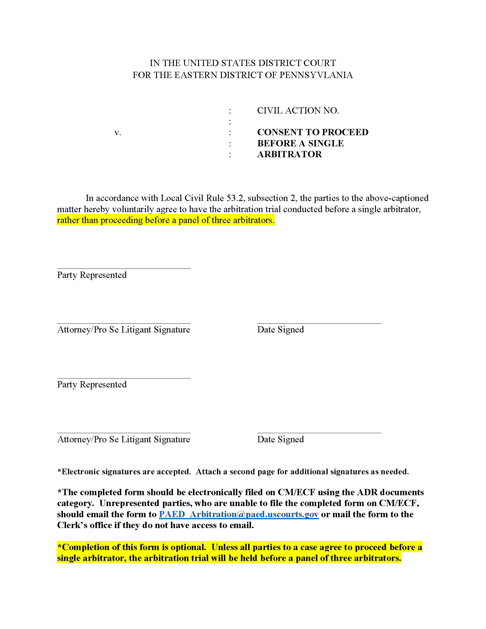 Consent To Proceed Before A Single Arbitrator | Pdf Fpdf Docx | Pennsylvania