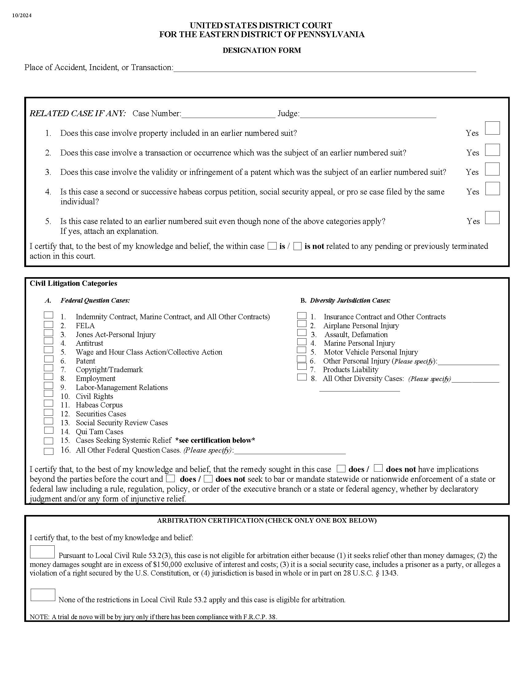 Designation Form (To Indicate Category Of Case) {CIV 609} | Pdf Fpdf Docx | Pennsylvania