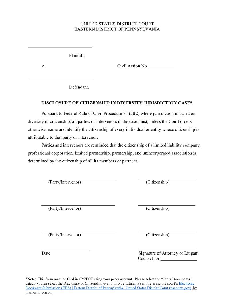 Disclosure Of Citizenship In Diversity Jurisdiction Cases | Pdf Fpdf Docx | Pennsylvania