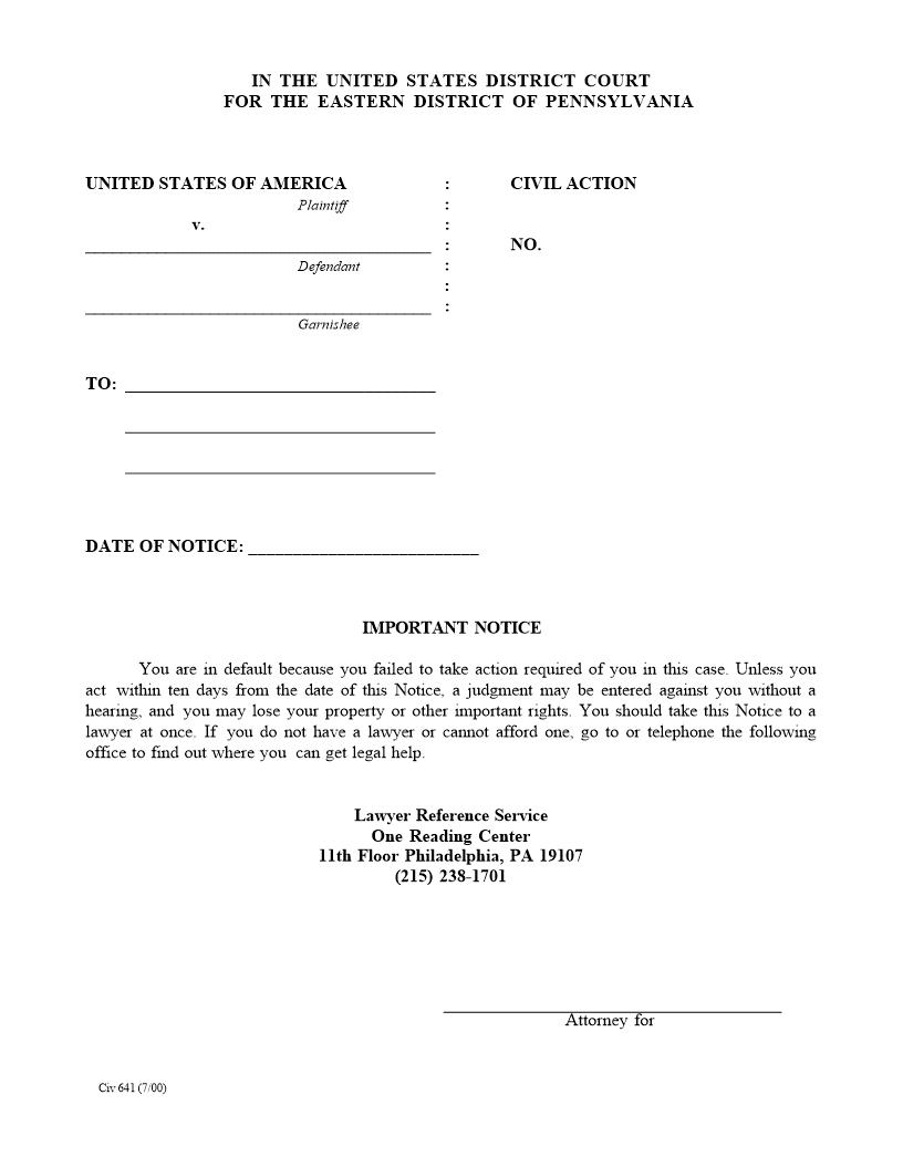 Important Notice (Of Default) {CIV 641} | Pdf Fpdf Doc Docx | Pennsylvania